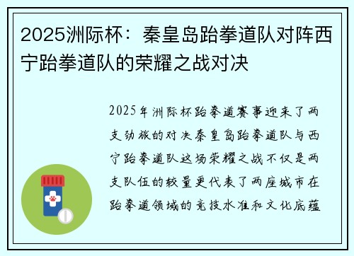 2025洲际杯：秦皇岛跆拳道队对阵西宁跆拳道队的荣耀之战对决